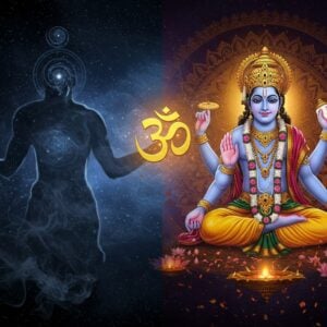 A mystical split-screen composition: on the left, a formless, abstract void of deep indigo and cosmic swirls representing Nirguna Brahman, with subtle sacred geometry patterns emerging from darkness, illuminated by ethereal light. On the right, Lord Vishnu in meditation pose with four arms holding conch, chakra, mace, and lotus, adorned in golden crown and ornaments against a backdrop of vibrant mandalas and floating lotus flowers, representing Saguna Brahman. A central glowing golden Om symbol bridges both realms. The artwork combines traditional Pattachitra patterns with modern digital art techniques, featuring rich jewel tones of deep blue, gold, and saffron. Subtle light rays emanate from both sides, creating a harmonious balance. The scene is enhanced with floating translucent sacred threads, smoke-like wisps, and small particles of divine light. Hyperrealistic rendering with spiritual overtones, maintaining a serene and transcendental atmosphere. The composition suggests both the abstract and personal nature of divine realization.