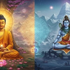 A serene split-screen composition: on the left, Lord Buddha in padmasana, eyes half-closed, golden aura, wearing saffron robes, seated under the Bodhi tree with scattered pink lotus petals. On the right, Lord Shiva in deep meditation on Mount Kailash, crescent moon in matted hair, third eye visible, snake around neck, holding damaru and trishul. The center features a large, intricate mandala bridge connecting both sides, with swirling energy patterns in soft blues and golds. Floating sacred symbols - the Dharma wheel and Om - appear ethereally. Background shows a mystical landscape with flowing waterfalls, misty mountains, and glowing orbs of light. Art style combines traditional Tibetan thangka patterns with modern digital art techniques. Lighting is ethereal with soft highlights and subtle god rays. Color palette focuses on peaceful blues, spiritual purples, meditation-inducing teals, and divine golds. The scene emanates tranquility and transcendence, with subtle particle effects suggesting spiritual energy.