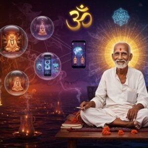 A serene portrait of Nisargadatta Maharaj in his iconic simple white kurta, sitting cross-legged on a wooden platform, surrounded by a ethereal golden aura. His wise, weathered face bears a gentle smile, with his characteristic cigarette holder nearby. The background transitions from his traditional Mumbai chawl setting into a modern digital landscape, where multiple translucent spheres float, each containing different scenes - one showing meditation sessions, another displaying smartphone screens with virtual satsangs, and a third showing global communities connected through glowing lines. Soft, incense smoke swirls transform into binary code and sacred geometry patterns. The color palette combines deep maroons and saffrons of traditional Indian spirituality with modern tech-inspired electric blues and purples. Multiple subtle mandalas emerge from the smoke patterns, while a large Om symbol rendered in gradient gold and white light hovers above. The scene is illuminated by both warm traditional oil lamps and cool digital light sources, creating a harmonious blend of ancient wisdom and modern connectivity. Art style combines hyperrealistic digital painting with elements of traditional Madhubani patterns in the decorative details.
