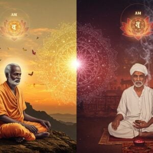 A serene split-screen composition showing two enlightened Indian spiritual masters - Ramana Maharshi on the left in his characteristic white dhoti, seated in padmasana on Arunachala Hill during sunrise, surrounded by soft golden light and ethereal butterflies. On the right, Nisargadatta Maharaj in simple white kurta, seated cross-legged in his Mumbai chowk room with incense smoke swirling around him creating mystical patterns. A large, intricate mandala hovers between them, half geometric (representing Nisargadatta's direct approach) and half organic (representing Ramana's self-inquiry method). The mandala glows with intense inner light, casting sacred geometry shadows. The background features a blend of Arunachala's silhouette and Mumbai's old architecture in Madhubani art style. Multiple translucent lotuses float in the space, each containing reflections of the "I AM" concept. The color palette combines deep maroons, saffron, and peacock blues with modern gradient effects. Divine light rays emerge from both masters' heart centers, intertwining at the center of the mandala. The overall composition has a surreal, spiritual quality with subtle digital art elements while maintaining traditional Indian artistic motifs.