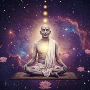 A serene portrait of Nisargadatta Maharaj in deep meditation, depicted in a ethereal, luminous style. He sits cross-legged on a simple wooden platform, wearing traditional white dhoti, his eyes closed in profound peace. His form is semi-transparent, merging with a cosmic background featuring intricate sacred geometry patterns in gold and deep blues. Multiple translucent layers of his form represent the dissolving of ego - each layer becoming more ethereal. Surrounding him are spiral galaxies and nebulae in deep purples and blues, symbolizing infinite consciousness. A subtle golden light emanates from his heart center, where a glowing "I Am" consciousness is represented by a luminous sphere. Floating lotus flowers in various stages of bloom surround him, some solid, others ethereal, representing the transition between physical and spiritual realms. The entire scene is rendered in a combination of traditional Indian Madhubani patterns and modern digital art style, with a mystical, otherworldly quality. The lighting is soft and diffused, creating a dreamlike atmosphere with subtle golden particles floating in the space around him.