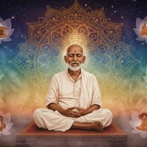 A serene portrait of Sri Nisargadatta Maharaj in his characteristic white kurta, seated in padmasana on a wooden platform, surrounded by ethereal golden light and floating sacred geometric patterns. His eyes are closed in deep meditation, with a subtle knowing smile. Behind him, a cosmic mandala emerges, featuring intricate Marathi-style patterns in deep indigo and saffron. Multiple translucent lotus flowers in various stages of bloom float around him, each containing miniature scenes from his life - his small beedi shop, his teaching space, and his meditation moments. The background transitions from earthly tones at the bottom to celestial blues and purples at the top, with subtle sparkles of light resembling stars. A soft mist surrounds the scene, creating a dreamlike atmosphere. The lighting is warm and golden, emphasizing his peaceful countenance. The art style combines traditional Indian Pattachitra techniques with modern digital art aesthetics, creating a spiritual and contemporary feel.