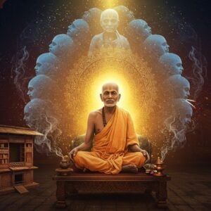 A serene portrait of Nisargadatta Maharaj seated in padmasana on a wooden platform, wearing simple white dhoti, surrounded by an ethereal golden aura. His eyes are closed in deep meditation, with a subtle knowing smile. Behind him, a large translucent mandala floats, intertwined with sacred geometric patterns in soft blues and golds. Multiple ghostly, transparent versions of himself fade into the background, symbolizing the illusion of ego and self. Smoke from incense creates mystical swirls around him, transforming into ethereal visions - a burning cigarette turning into a lotus flower, beedi smoke forming cosmic spirals. The scene is illuminated by warm, divine light streaming from above. In the foreground, a simple wooden beedi shop dissolves into pure consciousness, represented by particles of golden light. Traditional Maharashtrian architectural elements frame the scene. Rendered in a style blending hyperrealistic digital art with traditional Indian Pattachitra patterns, using a color palette of deep maroons, saffron, gold, and midnight blue. The atmosphere is mystical yet grounded, emphasizing both his ordinary appearance and extraordinary spiritual attainment.