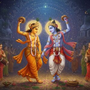 A radiant scene depicting Lord Chaitanya Mahaprabhu and Lord Nityananda in divine dance, their golden-complexioned and fair-complexioned forms respectively illuminated by a supernatural glow. They wear flowing silk dhotis in saffron and white, with upper bodies adorned with sacred tulsi beads and sandalwood paste tilak marks. Their arms are raised in ecstatic dance, holding kartals (cymbals) while performing sankirtana. Behind them, a large ornate mandala in deep blue and gold forms a halo-like backdrop. The foreground shows scattered lotus petals and mridangas. The scene is set in ancient Navadvip, with traditional Bengali architecture visible in the background. Soft ethereal light bathes the scene, creating a mystical atmosphere with swirling energy patterns and divine particles. The art style combines traditional Pattachitra techniques with modern digital art, featuring intricate details in jewelry and clothing, while maintaining spiritual authenticity. Multiple devotees in traditional Bengali dress dance in joyous celebration around them. The overall composition suggests movement, devotion, and spiritual ecstasy.