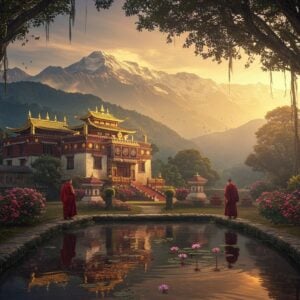 A serene mountain landscape of North East India with snow-capped Himalayan peaks in the background, bathed in soft golden morning light. In the foreground, a mystical Buddhist monastery with traditional Tibetan architecture, adorned with colorful prayer flags fluttering in the wind. A peaceful lotus pond reflects the monastery, creating perfect symmetry. Two monks in deep maroon robes walk along stone pathways lined with blooming rhododendrons. Ancient banyan trees with hanging roots frame the scene, decorated with traditional prayer wheels. Ethereal mist swirls around the monastery's golden spires, creating a dreamlike atmosphere. The scene incorporates intricate Madhubani-style patterns in the clouds and water ripples. The color palette features deep burgundy, sunset orange, misty blue, and gold accents. Traditional Naga tribal motifs subtly blend into the monastery's architecture. The lighting is soft and diffused, with rays of sunlight breaking through clouds, creating a divine ambiance. Style: photorealistic digital art with magical realism elements, cinematic composition, high-end travel photography aesthetic.
