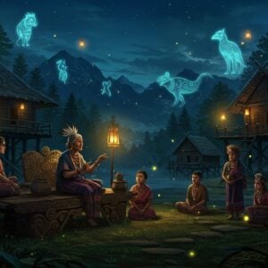 A mystical nighttime scene in a traditional Naga village with ancient wooden houses on stilts, illuminated by ethereal blue-green fireflies and golden lanterns. In the foreground, an elderly tribal storyteller in traditional Northeastern attire with distinctive tribal jewelry sits on an intricately carved wooden platform, gesturing expressively. Around her, children and adults in various traditional Northeast Indian attires (Naga shawls, Manipuri clothing, Arunachali headgear) listen intently. The background features majestic mountains shrouded in mist, with ancient symbols and tribal patterns floating as luminescent apparitions in the air. Sacred forests with bamboo groves frame the scene, while magical spirit animals from Northeast folklore (hornbill, tiger, elephant) appear as translucent, glowing forms emerging from the mist. The lighting combines warm golden tones from the lanterns with cool moonlight and the ethereal glow of the spirit animals. Art style merges traditional Northeastern tribal art patterns with modern digital fantasy aesthetics, featuring rich deep colors like indigo, forest green, and gold, with intricate geometric tribal patterns subtly woven throughout the scene. The overall atmosphere is mystical and enchanting, capturing the rich oral traditions of Northeast India.