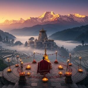A majestic panoramic scene of the Himalayas at sunrise, with snow-capped peaks glowing in golden-pink light. In the foreground, an intricately detailed mandala-shaped terrace showcases iconic North Indian elements: a graceful Indian woman in a rich burgundy wool shawl performing a traditional Kathak dance pose, floating butter lamps, and prayer flags. The middle ground features a stylized ancient temple with detailed Indo-Buddhist architecture, its golden spires catching the dawn light. Surrounding the scene are ethereal wisps of mist intertwined with detailed Madhubani-style patterns in deep indigo and saffron. The landscape includes flowing rivers, terraced fields, and sacred Deodar trees. The art style combines hyperrealistic landscape photography with traditional Indian art elements, featuring a color palette of deep maroons, celestial blues, burnished golds, and pristine whites. The lighting creates a dramatic interplay of light and shadow, with soft glowing highlights and mystical atmosphere. The composition should feel expansive yet intimate, balancing grandeur with spiritual warmth.