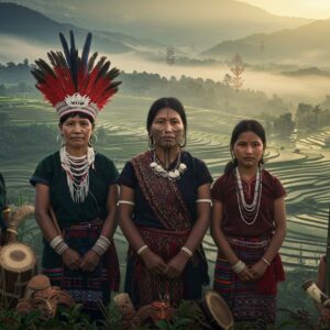 A stunning panoramic scene of Northeast Indian tribal life, featuring three generations of women from different tribes in traditional attire - a Naga woman in vibrant red and black hornbill-feathered headgear, an Apatani woman with traditional nose plugs and facial tattoos, and a young Khasi woman in traditional Jainsem. They stand against a misty backdrop of terraced rice fields cascading down emerald hills. The foreground showcases intricate bamboo crafts, colorful hand-woven textiles with geometric patterns, and ceremonial masks. Traditional musical instruments like mithun horns and bamboo flutes are artfully arranged. The lighting combines golden sunrise hues with morning mist, creating an ethereal atmosphere. Tribal motifs and patterns float in the air like spiritual symbols. The scene is rendered in a fusion of traditional Madhubani-style line work with modern digital art techniques, using deep jewel tones of emerald, ruby, and sapphire, balanced with earthy ochres and rich burgundies. Hyperrealistic details in the faces and textiles, with a dreamy, atmospheric quality in the background.