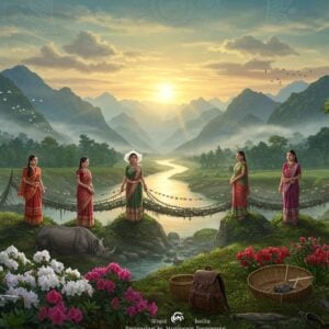 A panoramic view of Northeast India's landscape featuring seven ethereal Indian women in traditional Northeastern attire representing the seven states - Assamese mekhela chador, Naga traditional wear, Manipuri phanek, Mizo puanchei, Tripuri rignai, Khasi jainsem, and Arunachali galuk. They stand atop mystical mountains shrouded in morning mist. The foreground showcases blooming rhododendrons in deep crimson and white, while one-horned rhinoceros graze in a distant meadow. The background features the mighty Brahmaputra River flowing through lush green valleys. Living root bridges made from ancient ficus trees arch across streams. Buddhist prayer flags flutter in the wind, adding splashes of color. The scene is illuminated by a golden sunrise creating a dreamlike atmosphere with rays piercing through clouds. Modern elements include a sleek drone capturing the landscape and contemporary backpacks beside traditional bamboo baskets. The art style combines traditional Madhubani patterns in the sky with modern digital art techniques, using a color palette of deep forest greens, misty blues, golden sunrise hues, and rich traditional textile colors. Include delicate mandala patterns in the clouds and subtle lotus motifs in the river.