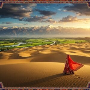 A majestic panoramic view of Northwest India's landscape, featuring the snow-capped Himalayas in the far background transitioning into the golden Thar Desert dunes in the foreground. A traditional Rajasthani woman in a vibrant red and gold lehenga stands atop a sand dune, her dupatta flowing dramatically in the wind. The scene captures multiple geographical elements: a meandering river representing the Indus, patches of lush green Punjab fields with wheat stalks, and the rugged Aravalli hills. The sky shows a dramatic transition from clear blue over the mountains to warm sunset hues over the desert, with monsoon clouds gathering in one corner. Intricate Madhubani-style border patterns frame the scene, incorporating traditional motifs of peacocks, lotus flowers, and geometric designs in deep indigo, saffron, and gold. The lighting creates a ethereal glow, with sun rays filtering through clouds, casting long shadows across the desert. The art style combines hyperrealistic landscape photography with traditional Indian art elements, maintaining a modern digital aesthetic with rich, deep colors and precise details.