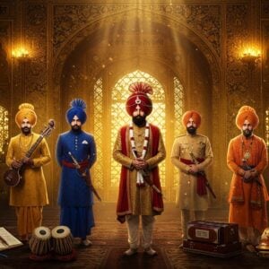 A majestic panoramic scene showcasing five distinguished Punjabi Hindu figures in traditional attire, standing in a golden-lit durbar hall with intricate Phulkari patterns adorning the walls. The central figure wears a rich maroon turban with a kalgi, while others don elegant sherwanis in deep blues and saffron. Behind them, a massive ornate archway features Gurmukhi and Devanagari architectural details merged with Art Deco elements. The foreground displays symbolic elements: a pen and scroll representing literary contributions, musical instruments like the tabla and harmonium, architectural blueprints, and military medals. Floating mandala patterns in gold and peacock blue create a supernatural glow around the scene. The lighting is dramatic with warm golden rays filtering through latticed windows, casting intricate shadows. The style combines hyperrealistic digital art with traditional Punjabi artistic motifs, featuring rich textures and metallic accents. The atmosphere is regal yet modern, with a subtle ethereal quality enhanced by soft floating light particles.