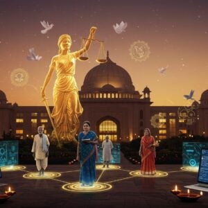 A majestic contemporary Indian courthouse with glass and traditional Indian architectural elements, illuminated by warm golden light. In the foreground, a diverse group of Indian people - elderly villager, urban professional, and a rural woman in traditional attire - stand connected by glowing threads of light forming a digital network pattern. A large, ethereal figure of Lady Justice in Indian attire rises behind them, holding traditional scales made of golden light. The scene features a blend of modern technology represented by holographic interfaces in peacock blue and traditional Madhubani-style border patterns. Floating mandalas in saffron and gold contain symbols of justice and technology. The background shows a gradient from deep maroon to soft dawn colors, with intricate Pattachitra-style motifs of lotus flowers and peaceful doves. Digital devices emit soft glows that intermingle with traditional oil lamps, creating a harmonious blend of tradition and technology. The overall composition suggests accessibility, unity, and empowerment, with a serene and dignified atmosphere.