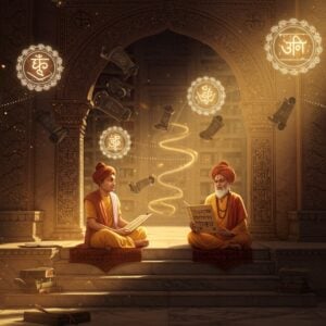 A serene ancient Indian philosophical scene featuring two distinguished scholars in traditional clothing seated cross-legged on ornate marble steps, illuminated by golden morning light. The central figure, representing Vātsyāyana, holds a palm leaf manuscript with Sanskrit inscriptions. Behind them rises an intricately carved stone archway adorned with Madhubani-style geometric patterns and symbols of logic - interconnected circles, triangles, and squares in deep peacock blue and burnished gold. Floating ethereal mandalas in varying sizes contain symbolic representations of the 16 categories of Nyaya philosophy, glowing with subtle inner light. The background shows a mystical library with floating scrolls and ancient texts, their edges emanating a soft golden aura. Swirling patterns of light represent the flow of logical reasoning, connecting different philosophical concepts. The scene combines hyperrealistic details with surreal elements, rendered in a style merging traditional Indian art with modern digital aesthetics. Rich colors of deep maroon, royal blue, and saffron dominate, while subtle rays of light create an atmosphere of divine wisdom and scholarly pursuit.