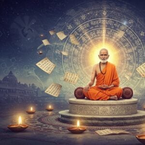 A serene Indian philosopher in traditional dhoti and angavastram, seated in padmasana on an ornate marble platform, surrounded by floating, luminous sacred texts in Sanskrit. The central figure is bathed in ethereal golden light emanating from an intricate mandala behind him. Ancient palm leaves with philosophical scriptures spiral around him in a double helix pattern. The background features a blend of traditional Madhubani patterns in deep indigo and gold, depicting symbols of logic and reasoning - geometric shapes, interconnected circles, and flowing rivers of wisdom. Multiple translucent layers of consciousness represented by concentric circles in soft pastels (lavender, mint green, and pearl white) ripple outward. Floating oil lamps cast a warm glow, their flames forming the shape of lotus petals. The scene incorporates subtle elements of quantum physics visualizations merging with traditional Vedic symbols, creating a bridge between ancient and modern wisdom. Architectural elements of ancient Indian universities like Nalanda appear as ghosted structures in the distance. The overall composition has a dreamy, metaphysical quality with high-end digital art finishing, emphasizing both depth and ethereal transparency.