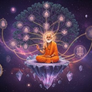 A serene Indian philosopher in traditional dhoti and angavastram, seated in padmasana on a crystalline platform floating in cosmic space, surrounded by floating sacred geometric patterns and glowing Sanskrit symbols. The central figure is teaching while multiple translucent layers of reality unfold behind him like a metaphysical diagram. Sacred threads of logic and reasoning, visualized as golden light streams, connect various elements in the scene. In the background, a massive tree of knowledge with branches forming synaptic connections, each branch ending in a small glowing orb representing different aspects of Nyaya philosophy. The scene features floating mirrors reflecting infinite realities, representing the pursuit of truth. The color palette combines deep indigos, cosmic purples, and warm golds. Ethereal light particles float through the scene. The art style merges traditional Madhubani patterns with modern digital art techniques, creating a harmonious blend of ancient wisdom and contemporary aesthetics. Photo-realistic details in the philosopher's face showing depth of wisdom, high-quality digital art, cinematic lighting, ultra-detailed illustration style.