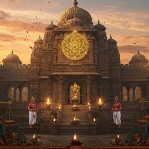 A majestic ancient Indian courthouse in Odishan architectural style, featuring intricate stone carvings and towering spires reminiscent of the Kalinga temple architecture. The central structure showcases a grand dharma chakra (wheel of justice) carved in golden light, floating above the entrance. Two traditional Odiya judges in ancient royal attire stand on either side of ornate stone steps. The scene is illuminated by mystical golden light streaming through carved stone windows, creating dramatic shadows. In the foreground, detailed Pattachitra-style patterns depict scenes of justice with traditional symbols - scales, lotus flowers, and peacocks in deep maroons and peacock blues. The background features a ethereal sunset sky in soft pastels, with wispy clouds forming subtle mandala patterns. Floating oil lamps and flower petals add a spiritual dimension. The entire scene is rendered in a fusion of hyperrealistic digital art with traditional Odisha art motifs, emphasizing both the grandeur and sacred nature of ancient judicial systems.