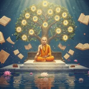 A serene Indian scholar in traditional dhoti and angavastram sits cross-legged on an ornate marble platform, surrounded by floating golden geometric patterns representing logical sequences and syllogisms. Ancient Sanskrit manuscripts hover around him, their pages illuminated with intricate Madhubani-style borders in deep indigo and gold. A large tree of knowledge emerges behind him, its branches forming neural network-like connections, adorned with glowing symbols of the 16 Padarthas (categories of reality). The scene is bathed in ethereal light, creating a gradient from deep sapphire blue to warm gold. Multiple translucent layers show different aspects of human values - truth, justice, and knowledge - depicted through traditional Indian motifs in pastel hues. The foreground features a reflecting pool showing ripples forming perfect sacred geometry patterns. Floating lotus flowers in soft pink and white add depth, while subtle mandala patterns in the background emit a gentle glow. The lighting is dreamy and sophisticated, with rays of light creating a divine atmosphere. The art style seamlessly blends traditional Pattachitra techniques with modern digital art, creating a photorealistic yet mystical quality.