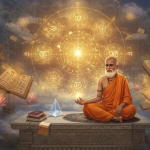 A serene Indian philosopher in traditional dhoti and angavastram, seated in padmasana on an ornate marble platform, surrounded by floating, glowing Sanskrit manuscripts rendered in golden light. Behind him, a large, intricate cosmic diagram showing interconnected circles and symbols representing the 5 proofs of God's existence. The background features a ethereal library with towering bookshelves that fade into misty clouds. Floating lotus flowers emit soft blue light, while geometric Nyaya symbols spiral upward. The scene is illuminated by multiple sources: warm golden light from above representing divine knowledge, and cool blue light from below representing human intellect. The philosopher's expression is deeply contemplative, with his right hand in chin mudra and left hand holding a crystal prism that refracts light into the colors of consciousness. Stylized peacock feathers frame the composition, and subtle mandalas with logical symbols are woven throughout. Art style merges hyperrealistic digital painting with traditional Madhubani patterns, emphasizing both philosophical depth and Indian aesthetic heritage.