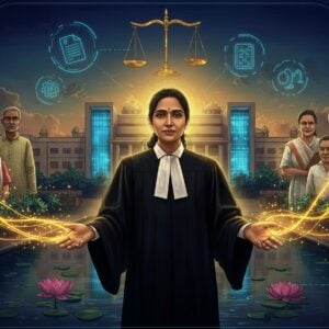 A dignified Indian female judge in a crisp black robe with golden accents stands compassionately in the center, emanating a soft golden aura, her hands extended in a welcoming gesture. Behind her, a massive modernistic courthouse structure blends traditional Indian architecture with futuristic elements, featuring glowing blue holographic displays. On either side, two groups of diverse Indian citizens - elderly, young professionals, rural workers - are connected by flowing, luminous threads of light representing justice and accessibility. The scene is framed by intricate Madhubani-style border patterns in deep indigo and gold. Floating ethereal scales of justice hover above, crafted in gleaming gold with lotus motifs. The lighting is warm and inviting, with soft blues and golds dominating the color palette. The foreground features a stylized lotus pond reflecting the courthouse, symbolizing purity and justice. Digital elements like subtle holographic legal documents and aid symbols float in the air. The overall composition should be serene yet modern, mixing traditional Indian art elements with contemporary digital aesthetics.