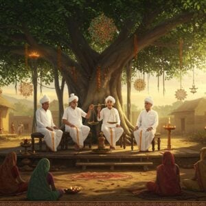 A serene village courtyard under a ancient banyan tree adorned with glowing diyas, where five dignified Indian elders (3 men, 2 women) in traditional white cotton attire sit in a semi-circle on an elevated wooden platform. The scene features intricate Madhubani-style border patterns in deep maroon and gold. The central figure holds a brass scale of justice decorated with peacock motifs. Warm golden sunlight filters through the banyan leaves, creating dappled patterns on the ground. Village folks in colorful traditional attire sit respectfully on the ground before them. The background shows a traditional Indian village with mud houses, their walls adorned with Warli art patterns. Floating mandalas in soft saffron and blue hover above the scene, symbolizing wisdom and justice. The art style combines hyperrealistic digital rendering with traditional Indian art elements, emphasized by a mystical glow around the elders. The overall composition suggests authority, wisdom, and community harmony.
