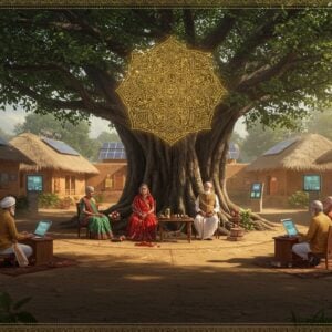 A majestic circular courtyard in modern Indian village setting, with five distinguished Indian elders (3 women, 2 men) in contemporary Indian formal attire sitting in a semi-circle under a grand ancient banyan tree. The scene is illuminated by both natural sunlight and modern LED lighting. The background features a stunning fusion of traditional village architecture and modern sustainable design - solar panels on thatched roofs, smart displays blending with mud walls. A ethereal golden mandala pattern floats above them, representing justice and wisdom. The foreground shows two groups of villagers peacefully resolving a dispute, with digital tablets and traditional scrolls visible. The color palette combines earthy browns and greens with modern metallic blues and silvers. Intricate Madhubani-style border patterns frame the scene, featuring symbols of justice like scales and lotus flowers. The lighting creates a warm, welcoming atmosphere with soft shadows and highlighted edges, suggesting dawn or dusk. The entire scene is rendered in a style that merges hyperrealistic digital art with traditional Indian Pattachitra techniques, emphasizing both tradition and progress.