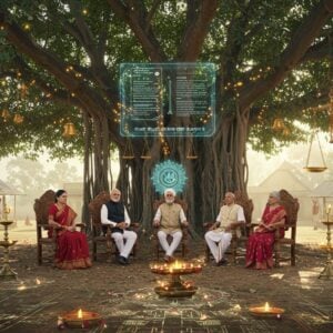 A serene rural Indian courthouse setting with a modern twist, showing five distinguished village elders (3 women, 2 men) in contemporary Indian attire seated in a semicircle under a grand banyan tree. The tree's branches are adorned with soft, glowing golden lights and traditional brass bells. A holographic display floats in the air showing legal documents in Hindi script. The elders are seated on ornate wooden chairs with traditional Madhubani-style carved patterns. The scene is set against a backdrop of a modern village with solar panels and sustainable architecture. Soft morning sunlight filters through the banyan leaves creating dappled patterns on the ground. The color palette combines deep maroons, peacock blues, and saffron with modern metallic accents. Traditional brass scales of justice float ethereally in the background, surrounded by glowing mandalas. The ground features intricate rangoli patterns that seamlessly blend into digital circuits. Villagers in both traditional and modern clothing stand respectfully at a distance. The overall composition suggests a harmonious blend of tradition and technology, with a photorealistic style enhanced by subtle magical elements and warm lighting.
