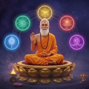 A distinguished elderly Indian sage in ochre robes sits cross-legged on an ornate golden lotus platform, his right hand raised in vyakhyana mudra (teaching gesture). Around him, four translucent concentric circles represent the four pramanas (methods of knowledge). Each circle glows with different colors - perception (blue), inference (gold), comparison (green), and testimony (purple). Sacred geometric patterns and Sanskrit-inspired designs float in the background. The sage is surrounded by floating symbolic elements: a mirror (representing direct perception), a flame with smoke (representing inference), a lotus transforming into a peacock (representing comparison), and ancient palm leaves with golden Sanskrit-like patterns (representing testimony). The scene is set in a ethereal space with soft misty gradients of deep indigo and cosmic purples. Intricate Madhubani-style border patterns frame the composition. The lighting is mystical with god rays emerging from behind the sage. Photorealistic rendering with magical realism, deep rich colors, and high attention to detail. The overall aesthetic combines traditional Indian art with modern digital art techniques.