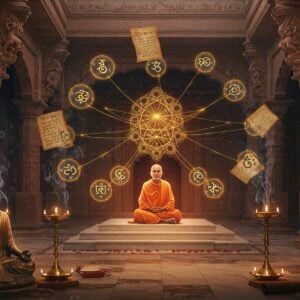 A grand ancient Indian courtyard with intricate Madhubani-style carved pillars, where a wise Sanskrit scholar in traditional dhoti and angavastram sits in padmasana on an elevated marble platform. He's surrounded by floating, ethereal geometric patterns representing the 16 categories of Nyaya philosophy in gold and deep sapphire blue. Sacred threads of logic and reasoning, visualized as luminous golden strands, weave through the air, connecting various symbolic elements. In the foreground, a beautifully detailed bronze statue of Akshapada Gautama (founder of Nyaya) in meditation pose, emanating a soft spiritual glow. The background features intricately painted parchments with Devanagari script floating mid-air, their edges illuminated with a divine aura. The scene is lit by traditional brass oil lamps creating warm, mystical lighting, with subtle smoke trails forming philosophical symbols. The color palette includes deep maroons, royal blues, and burnished gold, with highlights of cosmic purples. The entire scene should have a surreal, timeless quality, blending traditional Indian art with modern digital aesthetics.