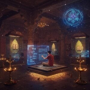 An ancient Indian library seamlessly blending traditional architecture with futuristic elements, featuring ornate carved pillars with holographic Sanskrit texts floating between them. A young Indian scholar in modern clothing sits cross-legged on a floating meditation platform, interacting with a transparent digital screen displaying the Nyaya Sutras in both Sanskrit and English. Around them, multiple floating orbs project 3D visualizations of logical arguments and philosophical concepts. The space is illuminated by both traditional brass oil lamps and modern ambient lighting in deep indigo and gold. Traditional Madhubani-style patterns flow across the walls, gradually transforming into circuit-board-like designs. In the background, rows of ancient palm leaf manuscripts are preserved in high-tech glass cases with digital preservation indicators. The scene is rendered in a harmonious blend of deep maroons, royal blues, and metallic golds, with ethereal light particles floating through the air. Intricate mandalas made of light hover near the ceiling, casting sacred geometric patterns on the floor. The art style combines hyperrealistic digital rendering with traditional Indian artistic elements, creating a serene yet technologically advanced atmosphere.