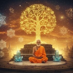 A serene Indian philosopher in traditional dhoti and angavastram sits cross-legged on an ornate marble platform, surrounded by floating geometric sacred symbols representing the 16 padarthas of Nyaya. Behind him, a massive golden tree of knowledge emerges, its branches forming intricate logical diagrams and syllogisms in glowing lines. Digital holographic Sanskrit sutras spiral around the tree in a double helix pattern. The scene is illuminated by warm, ethereal light, with subtle Madhubani-style patterns in deep indigo and gold decorating the borders. Modern glass and metal structures blend seamlessly with ancient temple architecture in the background. Swirling cosmic energy patterns in peacock blue and saffron create a vortex effect, suggesting the infinite nature of knowledge. The philosopher's expression is deeply contemplative, with a subtle golden aura around him. Floating crystal prisms near him refract light into sacred geometric patterns, symbolizing clarity of thought and logical reasoning. The entire scene has a photorealistic quality with subtle digital glows and particle effects.