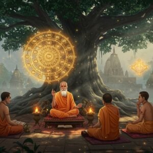 A serene ancient Indian classroom setting under a majestic banyan tree, where a wise guru with grey beard in saffron robes sits cross-legged on an ornate meditation cushion, gesturing in vyakhyana mudra (teaching gesture). Before him floats an ethereal, intricate golden mandala representing the 16 padarthas of Nyaya philosophy, each section glowing with different intensities of light. Around him, three disciples in traditional dhoti sit attentively, their expressions showing deep contemplation. The scene is surrounded by floating sacred symbols - a stylized flame representing pramana (valid knowledge), interconnected geometric patterns symbolizing tarka (logic), and lotus flowers representing moksha. The background features ancient temple architecture with mathematical precision in its structure, partially visible through a mysterious misty atmosphere. The color palette combines deep royal blues, burning saffrons, and metallic golds. Small particles of light dance around the scene like fireflies. The art style merges traditional Madhubani patterns in the clothing details with modern digital art techniques, creating a harmonious blend of ancient wisdom and contemporary aesthetics. Soft rays of morning sun filter through the banyan leaves, creating dramatic lighting effects.