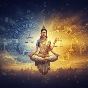 A majestic scene showing two interconnected circular mandalas floating in ethereal space - one in deep royal blue (representing Nyaya) and one in pure gold (representing Niti). The mandalas feature intricate Madhubani-style patterns with symbols of justice - scales, dharma wheel, and lotus motifs. In the center, a serene Indian female figure in a flowing white and gold saree sits in padmasana pose, her eyes closed in meditation. Her right hand holds a golden scale while her left hand forms the dhyana mudra. Around her, spiraling outwards, are translucent layers showing vignettes of modern and ancient courtrooms merged together through Pattachitra art style. The background features a gradient from deep indigo to morning sun gold, with subtle sacred geometry patterns. Floating Sanskrit letters dissolve into streams of light. Modern elements like glass buildings and traditional Indian architecture blend seamlessly. The lighting is dramatic with soft golden rays filtering through, creating an atmosphere of divine wisdom and justice. Rendered in high-detail digital art style while maintaining traditional Indian art elements.