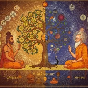 A symmetrical composition showcasing two distinguished ancient Indian sages in meditation poses, facing each other across a metaphysical bridge made of golden sacred geometry. On the left, representing Nyaya, Sage Gautama in ochre robes with scriptures and symbolic logic diagrams floating around him in maroon and gold. On the right, Sage Kanada in saffron robes surrounded by floating paramanus (atoms) and elemental symbols in peacock blue. Between them, an intricate Madhubani-style tree of knowledge with branches forming syllogistic patterns on one side and atomic structures on the other. The background features a massive mandala split into two halves - one half with logical symbols and debate mudras, the other with cosmic elements and material nature representations. Ethereal light in soft gold and pale blue illuminates the scene from above. The style combines traditional Pattachitra art patterns with modern digital rendering, creating rich textures and mystical atmosphere. Small floating lotuses and sacred threads interweave the composition, while subtle Sanskrit symbols emerge like smoke in the background. The overall palette focuses on deep maroon, gold, peacock blue, and saffron with hints of ethereal pastels.