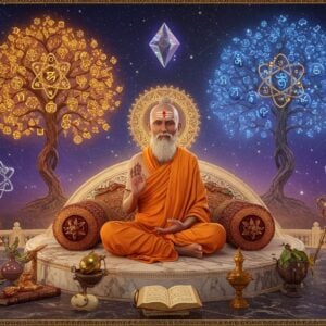 A serene Indian sage in ochre robes seated in padmasana on an ornate marble platform, surrounded by floating sacred geometric patterns and atomic structures in gold. Two intertwining trees emerge behind him - one made of crystalline logic symbols and Sanskrit nyaya sutras, the other composed of swirling atomic particles and elemental symbols in peacock blue. The sage's hands form the chinmudra, with a glowing golden mandala behind his head. Ancient manuscripts and astronomical instruments lie scattered around him. The scene features a soft ethereal glow with hints of deep maroon and saffron. Madhubani-style borders frame the composition, incorporating both logical patterns and natural elements. The background shows a subtle gradient from deep indigo to cosmic purple, with constellation patterns. Floating crystal prisms refract light creating rainbow patterns, symbolizing the breaking down of reality into its elements. The art style combines hyperrealistic digital rendering with traditional Indian artistic elements, creating a sophisticated modern aesthetic.