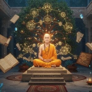 A serene Indian philosopher in traditional dhoti and angavastram seated in padmasana on an ornate marble platform, surrounded by floating, glowing geometric patterns representing logical structures. The central figure is illuminated by warm golden light, with multiple translucent layers showing cause-and-effect relationships through interconnected mandala patterns. Ancient Sanskrit manuscripts and scrolls hover around him, their edges emitting a subtle blue glow. In the background, a large tree of knowledge with branches forming synaptic connections, each branch ending in a small diya (lamp). The scene is set in a mystical courtyard with Vedic architecture, featuring intricate carved pillars with symbols of the 16 padarthas of Nyaya. Floating crystal prisms represent clarity of thought, refracting light into rainbow patterns. The color palette combines deep royal blues, burnished golds, and copper tones. The art style merges traditional Madhubani patterns in the borders with modern digital art techniques, creating a sophisticated and contemporary feel. Soft particles of light float in the air, suggesting the illumination of knowledge.