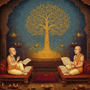 A intricately detailed Indian courtroom scene in traditional Madhubani art style, showing three wise Indian scholars in cream-colored dhotis seated on ornate wooden seats, discussing ancient texts. The central figure holds a palm leaf manuscript with Sanskrit verses visible. Above them floats a large, ethereal golden tree of knowledge with branches forming intricate nyaya (justice) symbols. The background features a massive mandala in peacock blue and gold, with subtle representations of scales of justice integrated into its pattern. Floating diyas (oil lamps) emit a soft, spiritual glow. The scene is framed by traditional Indian architectural elements with carved pillars featuring ancient legal motifs. Small vignettes in each corner show different aspects of dharma through symbolic representations. The color palette combines deep maroons, saffron, and gold with modern gradient effects. Mystical light streams through ornate windows, creating a serene atmosphere. The art style combines traditional Indian miniature painting techniques with contemporary digital art elements, adding depth and dimension.