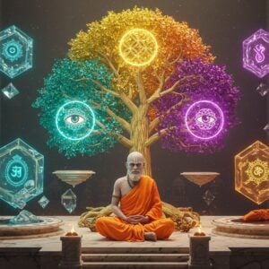 A serene Indian philosopher in traditional dhoti and angavastram seated in padmasana on an ornate marble platform, deep in contemplation. Behind him, a luminous tree of knowledge emerges, its branches forming intricate golden sacred geometry patterns representing the four pramanas (perception, inference, comparison, and testimony). Each branch glows with different colors - crystal clear blue for perception, deep purple for inference, emerald green for comparison, and burning gold for testimony. Floating crystalline structures around the tree contain hyperrealistic 3D visualizations of eyes, mirrors, and sacred Sanskrit symbols. The background features a modernist interpretation of ancient Indian architecture with clean lines and floating platforms. Soft ethereal light bathes the scene, creating a dreamy atmosphere. The color palette combines deep philosophical maroons and blues with modern metallic golds and silvers. Mandala patterns and sacred geometry subtly weave throughout the composition. Style combines traditional Madhubani precision with contemporary digital art techniques, rendered in high detail 8K resolution.