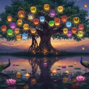 A stunning panoramic scene depicting India's linguistic diversity through symbolism: A majestic Indian banyan tree with 22 distinct, glowing branches spreads across a twilight sky, each branch adorned with different regional motifs and patterns from various Indian states. The trunk features intricate Madhubani-style artwork in deep indigo and gold. Floating paper lanterns in saffron, white, and green colors illuminate the scene, each decorated with traditional art patterns from different regions. In the foreground, a serene lake reflects the tree, creating a mirror image with rippling effects. Around the tree, peacocks with elaborate tail feathers display regional art styles, while lotus flowers in various stages of bloom float in the lake, each representing different cultural elements. The scene is bathed in a warm, ethereal glow with soft pastel purples and blues in the sky, accented by floating golden particles. Mystical swirls of light in different colors interweave through the branches, suggesting the flow and interconnection of languages. The overall composition follows a digital art style with high attention to detail, maintaining cultural authenticity while creating a dreamlike, surreal atmosphere.