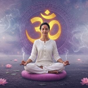 A serene Indian woman in a flowing white cotton kurta, sitting cross-legged in padmasana on a lotus-shaped meditation cushion, her eyes gently closed in deep meditation. Her hands rest on her knees in gyan mudra. A large, luminous golden Om symbol (ॐ) radiates behind her, creating concentric circles of vibrating energy in shades of deep purple, indigo, and soft gold. The background features a misty ethereal landscape with sacred geometry patterns and floating mandala designs in pastel hues. Delicate wisps of incense smoke curl around her, forming subtle sacred patterns. Small glowing orbs of light float around her body, suggesting divine energy. Her face shows perfect peace and subtle smile, with a small bindi on her forehead. The lighting is soft and atmospheric, creating a dreamlike quality. The scene combines traditional Madhubani art patterns in the borders with modern digital art aesthetics, using a color palette of white, gold, purple, and soft blues. A few lotus flowers float in the foreground, emanating subtle light.