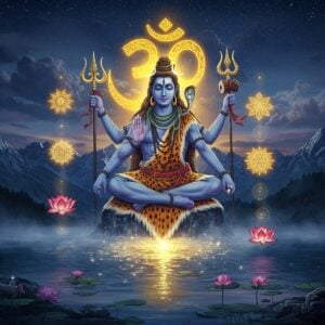 A majestic Lord Shiva in deep meditation, floating above a serene Himalayan lake, rendered in a blend of traditional Madhubani and modern digital art style. Shiva has four arms - upper right holding trishul, upper left holding damru, lower hands in dhyana mudra. He wears a crescent moon on his matted hair with the Ganga flowing, serpents coiled around his neck, tiger skin around his waist, and rudraksha beads adorning his body. A large, intricate Om symbol made of golden light radiates behind him. Sacred blue light emanates from his third eye. The scene features floating lotus flowers, glowing mandalas, and swirling energy patterns in shades of deep blue, saffron, and silver. Ethereal mist surrounds the base, with snow-capped mountains in the background. The lighting is mystical with moonlight filtering through clouds, creating a divine atmosphere. The art style combines hyperrealistic details with surreal elements, featuring rich textures and a luminous quality.