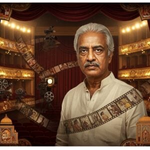 A majestic portrait of Om Puri in his prime, rendered in rich, deep colors against a cinematic backdrop. His distinctive, intense eyes and memorable facial features are captured in striking detail. He's wearing a simple white kurta, standing dignified against a dramatic background featuring vintage film reels and theatre curtains in deep maroon and gold. The scene is layered with symbolic elements - classic movie cameras, spotlights casting golden halos, and traditional Indian architectural motifs blended with modern cinema aesthetics. The lighting is dramatic, with warm amber spotlights creating a theatrical ambiance. Intricate Madhubani-style patterns frame the composition, featuring miniature scenes from his iconic roles. The art style combines hyperrealistic portrait techniques with traditional Indian art elements, creating a seamless blend of classical and contemporary aesthetics. Floating film strips in sepia tones spiral around him, showing glimpses of his most memorable characters. The overall mood is contemplative and powerful, with a color palette of deep browns, golds, and rich crimsons.