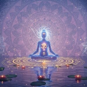A serene Indian woman in lotus position floating above a crystalline pool, her form semi-transparent and ethereal. She's surrounded by concentric circles of glowing Sanskrit Om symbols in gold and white light. The central Om symbol emanates waves of peaceful blue and purple energy. Multiple lotuses float on the water surface, each containing a small flame. The background features a massive mandala pattern in soft pastel colors (lavender, rose gold, and cyan), with intricate Madhubani-style peacocks and flowers woven into its design. Swirling wisps of incense smoke create graceful patterns in the air. The woman's face exhibits deep peace, with a subtle golden glow around her body. Small particles of light float around her like fireflies. The water reflects the entire scene creating perfect symmetry. The lighting is soft and dreamy with emphasis on spiritual atmosphere. The art style combines photorealistic elements with traditional Indian art patterns, rendered in high-quality digital art format. The overall color palette focuses on peaceful blues, soft golds, and gentle purples.