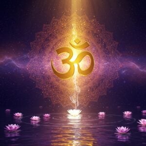 A serene cosmic scene showing a luminous, three-dimensional golden Om symbol floating in a mystical space, surrounded by concentric rings of vibrating energy waves in shades of deep purple and electric blue. The Om symbol emanates a soft, ethereal glow, with delicate particles of light dancing around it. In the background, a large, intricately detailed mandala pattern in gold and saffron gradually fades into a deep indigo cosmos filled with subtle stars. Emerging from the Om symbol are wisps of energy that transform into flowing patterns resembling traditional Indian paisley designs. The lower portion shows a reflective surface like still water, creating a perfect mirror image of the Om symbol. Small lotus flowers in pastel pink and white float on this surface, each emitting a gentle glow. The entire composition is rendered in a style that blends traditional Madhubani patterns with modern digital art techniques, featuring rich textures and smooth gradients. The lighting is warm and divine, with rays of golden light breaking through from behind the Om symbol, creating an atmosphere of spiritual transcendence.