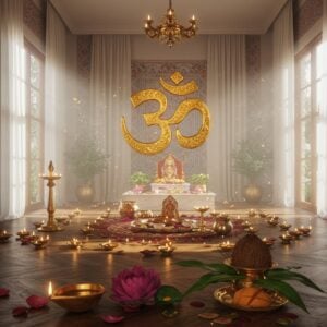 A serene Indian pooja room with a large, intricately carved golden Om symbol floating and radiating soft golden light in the center. The room features polished wooden floors with traditional brass diyas arranged in a symmetrical pattern, creating warm pools of light. A beautifully decorated marble altar holds traditional pooja items including a silver thali with flowers, incense, and a small crystal bowl of water. The walls showcase Madhubani-style hand-painted mandalas in deep maroon and peacock blue. Sheer white curtains gently billow from open windows, casting ethereal shadows. Small streams of sunlight filter through, creating divine light beams that interact with incense smoke forming mystical patterns. In the foreground, fresh lotus flowers and rose petals are scattered, and a brass kalash with mango leaves and coconut sits prominently. The scene has a magical, photorealistic quality with soft focus edges, combining traditional elements with modern interior design aesthetics. The atmosphere suggests deep spirituality with a contemporary touch, illuminated by a mix of natural sunlight and warm diya lighting.
