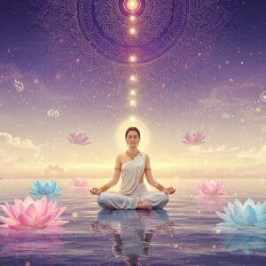 A serene Indian woman in lotus position floating above a crystalline pool of water, her body emanating a soft golden aura. She's wearing a flowing white silk meditation outfit with delicate gold embroidery. Above her, a large, intricately detailed mandala in shades of deep purple and gold pulses with ethereal light. Multiple translucent lotus flowers in pastel pink and blue float around her. The background features a gradient from deep indigo to soft lavender, with subtle sacred geometry patterns. Swirling energy patterns in gold and white create the abstract suggestion of the Om symbol without explicitly showing it. Soft orbs of light dance around the scene. The woman's face shows perfect peace, with a small bindi and minimal gold jewelry. Wispy clouds in the distance catch the warm golden light. The overall composition follows the Madhubani art style but with modern digital rendering, emphasizing smooth gradients and lighting effects. The scene is viewed from a slightly elevated angle, creating depth and dimension. Hyperrealistic details in the water reflections and fabric textures, with an ethereal, dreamlike quality to the overall composition.