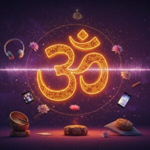 A luminous, three-dimensional Om symbol floating in a cosmic space, rendered in intricate gold filigree with traditional Indian patterns embedded within its curves. The symbol emits a soft, ethereal glow in shades of saffron and deep purple. Around it, modern elements like sleek headphones, yoga mats, and meditation apps seamlessly blend with traditional elements such as lotus flowers and mandalas. The background features a gradient from deep indigo to cosmic purple, with subtle sacred geometry patterns. Swirling energy patterns in gold and white spiral around the Om, suggesting sound waves. Small particles of light dance around the symbol, creating a dynamic effect. The scene is rendered in a style mixing digital art with traditional Madhubani patterns. The lighting is dramatic with a soft bloom effect, creating an atmosphere of spiritual modernity. Floating crystal singing bowls and meditation cushions in contemporary designs occupy the lower portion of the image. The overall composition suggests a bridge between ancient wisdom and contemporary lifestyle.