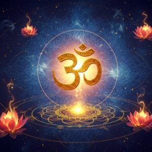 A majestic, glowing golden Om symbol floating in a cosmic void, emanating vibrant waves of divine energy in concentric circles. The Om is intricately detailed with Madhubani-style patterns and sacred geometric designs. Behind it, a large ethereal mandala in shades of deep indigo and celestial blue pulses with spiritual energy. Swirling wisps of luminescent energy in saffron and pearl white dance around the Om. The scene features floating lotus flowers in various stages of bloom, their petals emitting a soft, otherworldly glow. Multiple translucent layers of sacred geometry patterns overlap in the background, creating depth. Small particles of golden light scatter throughout the composition like stars. The lighting is dramatic with a central glow emanating from the Om symbol, casting beautiful shadows and highlights. The artwork style combines traditional Indian art elements with modern digital aesthetics, using a color palette of deep royal blue, gold, saffron, and pearl white. Photorealistic rendering with mystical elements, cinematic lighting, intricate details, 8k resolution.