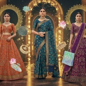 A stunning Indian fashion showcase featuring three elegant Indian models in a luxurious, modernistic setting with floating mirrors and golden mandala patterns. The central model wears a contemporary fusion saree in deep peacock blue with geometric patterns, while the others wear a designer anarkali in sunrise orange and a modern lehenga in royal purple respectively. Intricate Madhubani-style borders float ethereally around them. The space features floating fabric swatches in trendy 2024 colors - metallic sage, digital lavender, and sunset coral. Holographic shopping bags with traditional motifs hover in the background. The lighting is dreamy with soft golden highlights and ambient blue undertones. Traditional jewelry pieces transition into modern minimalist designs. The scene includes floating lotus flowers, digital sparkles, and shifting geometric patterns. The models' hair and makeup reflect contemporary Indian beauty trends. The overall aesthetic seamlessly blends traditional Indian artistry with futuristic shopping elements, rendered in a high-fashion editorial style with hyperrealistic details.
