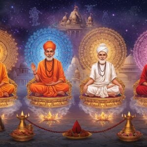 A panoramic ethereal scene showing four distinct Indian spiritual masters in traditional attire representing different sampradayas, seated in lotus position on golden lotus platforms floating in a mystical space. Each master radiates a unique colored aura - saffron, deep blue, pristine white, and crimson. Behind them, four large, intricately detailed mandalas in Madhubani style float, each containing specific sectarian symbols. The backdrop features a cosmic gradient from deep indigo to golden, with floating Sanskrit symbols transformed into sparkles. In the foreground, sacred items like rudraksha beads, ceremonial flames, and flowing water create leading lines. Soft ethereal light bathes the scene, creating a dreamy atmosphere. The masters' faces show serene expressions, with tilaks and sectarian marks clearly visible. Architectural elements from different temples merge in the background, creating a surreal skyline. The overall composition follows the golden ratio, with modern digital art techniques enhancing traditional Indian art elements. Hyperrealistic details in the fabric textures and ornaments, with a cinematic color grading emphasizing deep maroons, celestial blues, and metallic golds.
