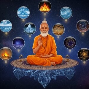 A mystical Indian sage in traditional saffron robes sitting in padmasana on a crystalline platform, surrounded by 9 floating, glowing spheres arranged in a circular mandala pattern. Each sphere contains a distinct visual representation: first sphere shows earth elements (crystals, mountains), second shows water bodies, third displays floating flames, fourth contains swirling air currents, fifth shows cosmic space with stars, sixth depicts motion through spiral patterns, seventh shows geometric shapes representing universals, eighth contains interconnected golden threads representing inherence, and ninth shows darkness representing absence. The background features intricate Madhubani-style patterns in deep indigo and gold. The sage's hands are forming the gyan mudra, with a subtle golden aura emanating from him. The entire scene is illuminated by ethereal light, creating a harmonious blend of traditional Indian art and modern digital aesthetics. Multiple layers of translucent mandalas float in the background, with sacred geometry patterns connecting all elements. The color palette includes deep sapphire blue, burnished gold, saffron, and cosmic purple.